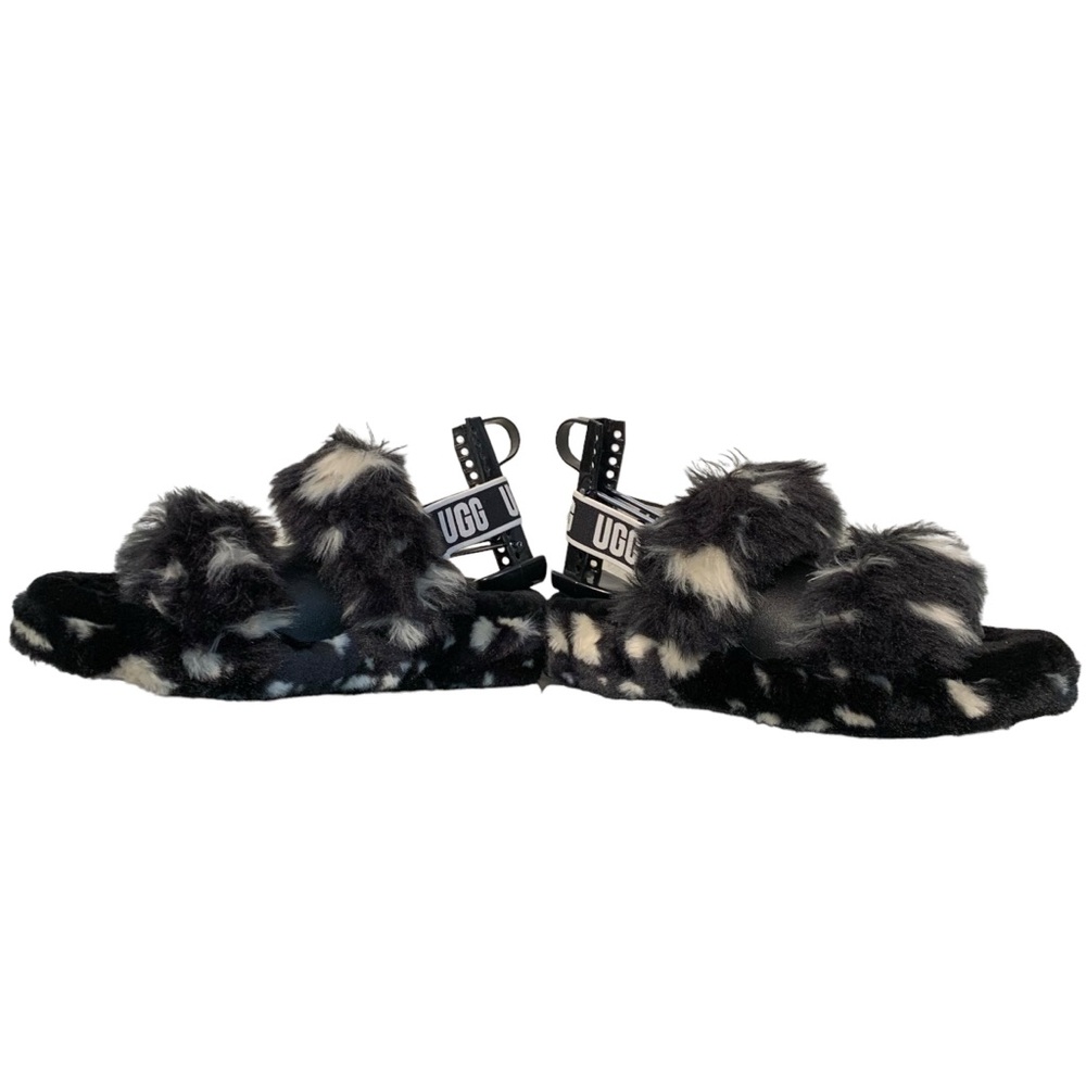 UGG Oh Yeah Spots Fur Slide Sandals Black White Women's Size 10 - Picture 3 of 10